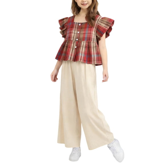 hengsof Sleeveless Plaid Top Wide Leg Pants for Girls 2-11 Years Old, Summer Two Piece Set, Fashionable Square Neck Flying Sleeve Button Top Solid Color Elastic Waist Trousers Casual Suit