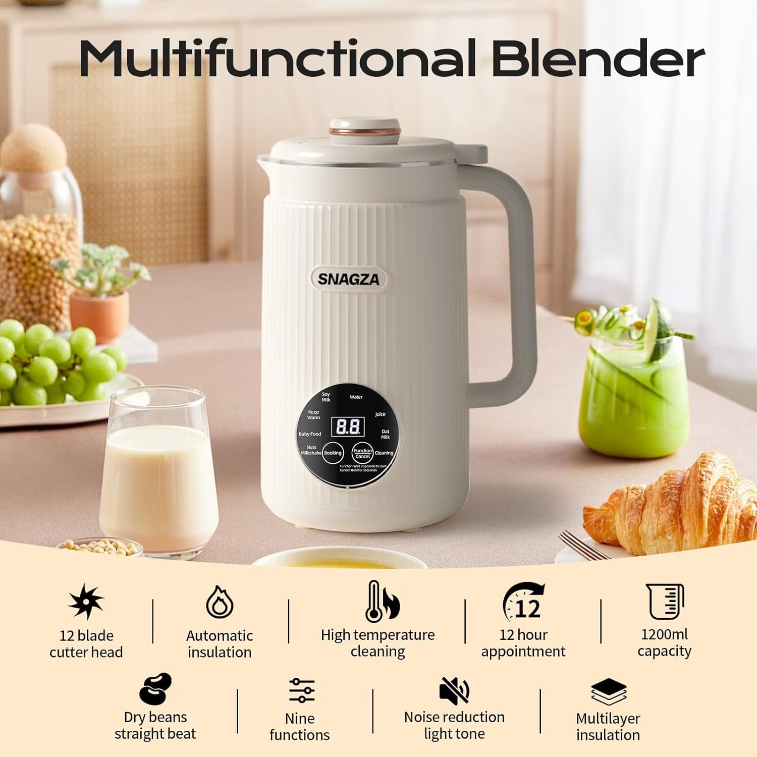 High-speed blender. 8-In-1 Multifunctional Nut And Milk Maker, 12-Hour Timer/6-Hour Keep-Warm Function, One-Button Self-Cleaning. For Making Almond Milk, Oat Milk, Soy Milk, Smoothies, and Juices.