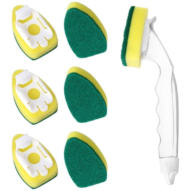 Jinsinto Lot de 7 Manches de Recharge pour Bâton de Vaisselle Résistants aux Rayures, Lot de Recharge pour Bâton de Vaisselle, 6 Embouts d'Éponge de Remplacement Robustes, Récurant Distributeur de Savon, Brosse Distributrice de Lave-Vaisselle, Kit d'Outils de Nettoyage