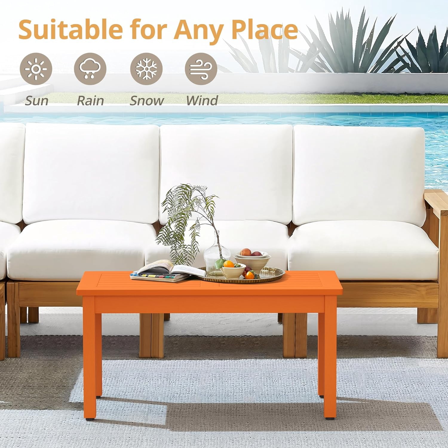 Dycanpo Outdoor Coffee Table Rectangle, HDPS Patio Tables for Outside, 17.7"x 35"x17.7", Orange
