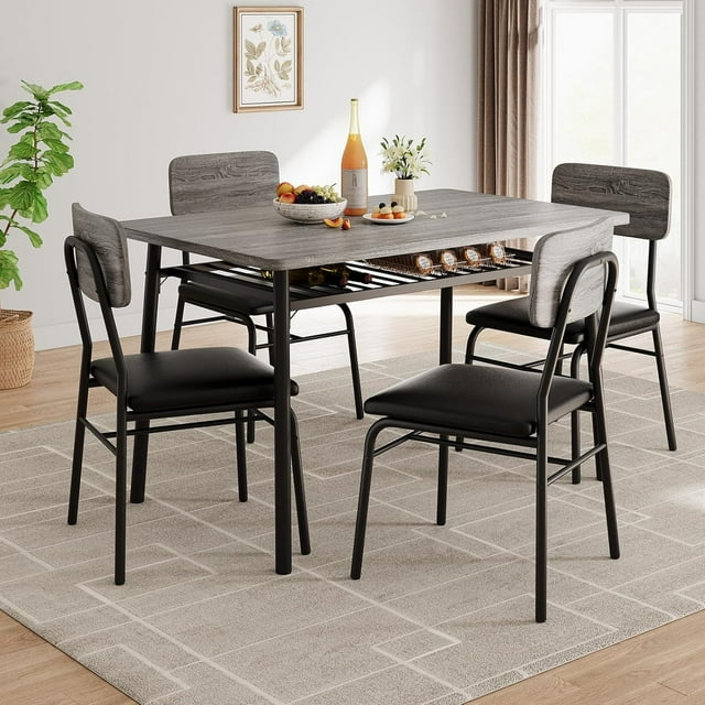 5-Piece Gray Dining Table Set for 4, Kitchen Table with Storage Rack and 4 Upholstered Chairs, Wood Tabletop & Heavy-Duty Metal Frame, Space-Saving Dining Room Furniture for Small Space and Apartment