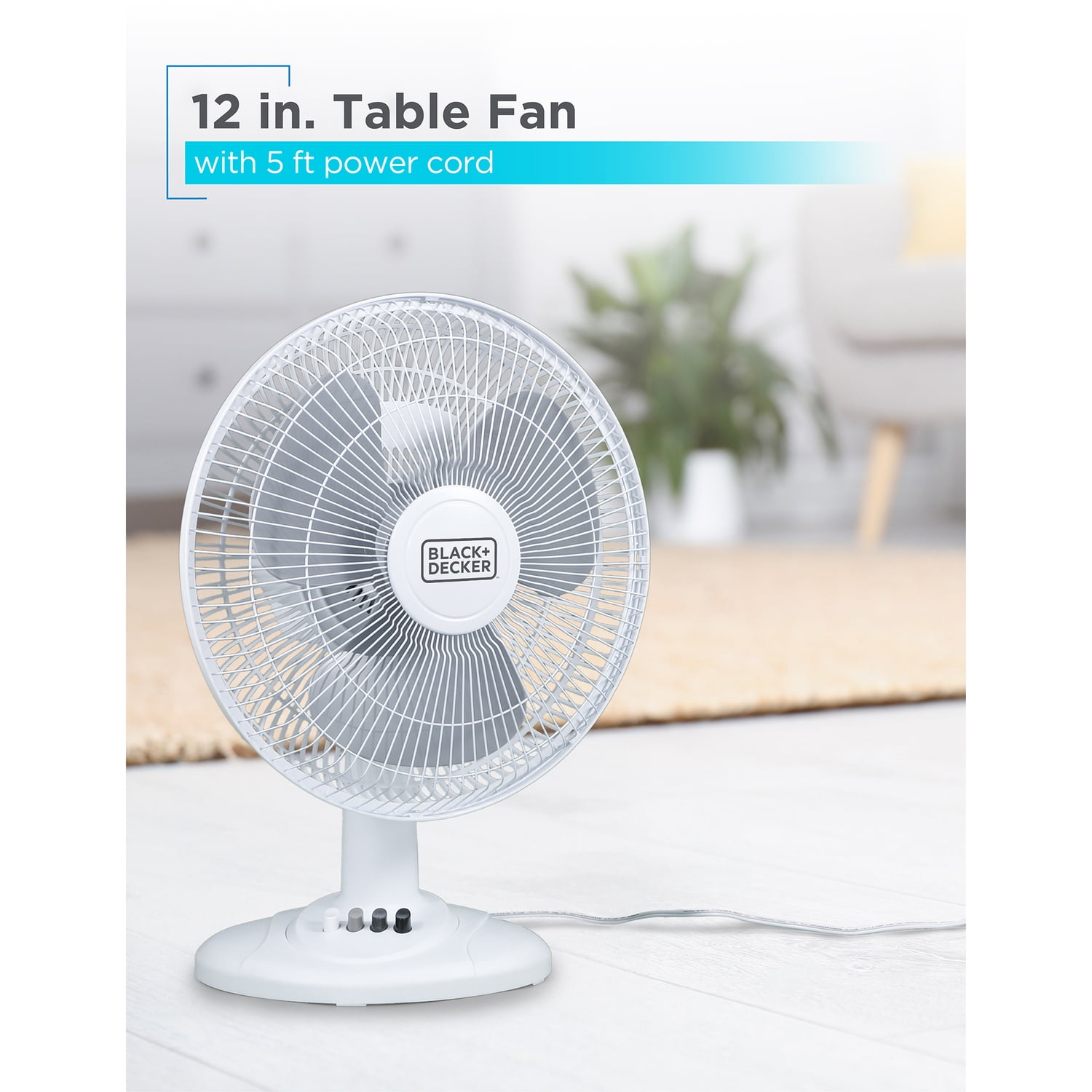 BLACK+DECKER BFDT12SW 12-In. 3-Speed Oscillating Portable Table Fan, White