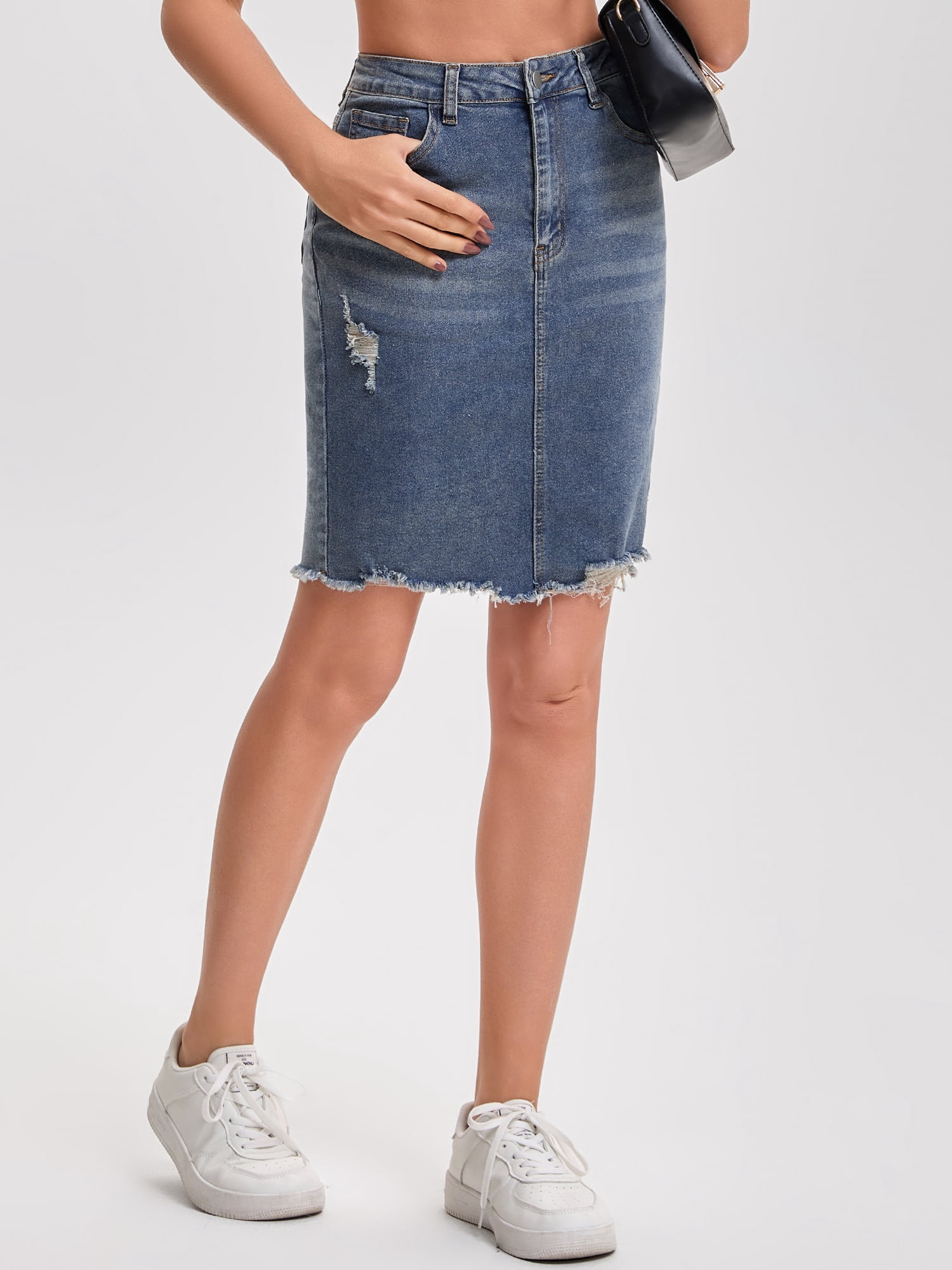 DARING DIVA Women's Denim Above the Knee Pencil Skirt Small Dark Gray Blue