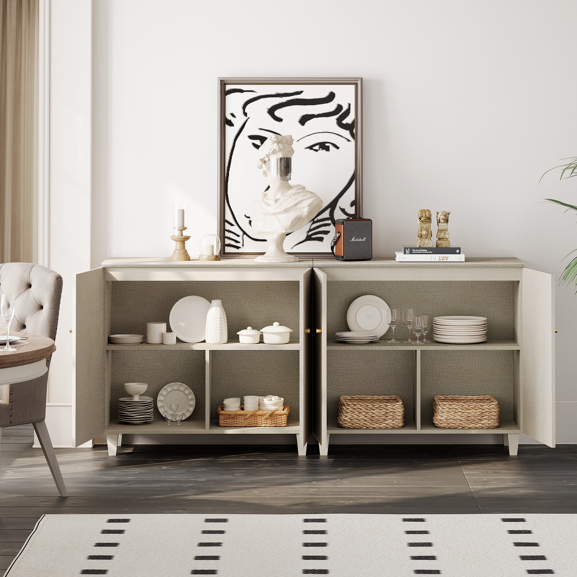 Sideboard Buffet Cabinet with 6 Compartments, 71" Wide, Beige Linen Printed Finish