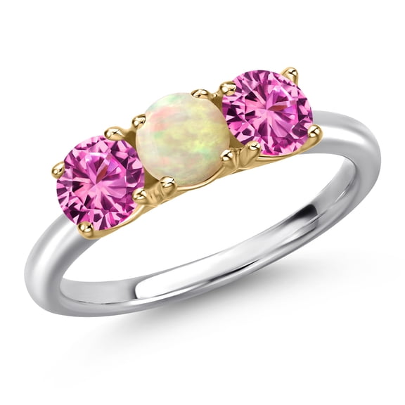 Gem Stone King 10K Two Tone Gold White Ethiopian Opal and Pink Created Sapphire Engagement Ring for Women | 1.40 Cttw | Round Cabochon 5MM | Gemstone October Birthstone | Size 7