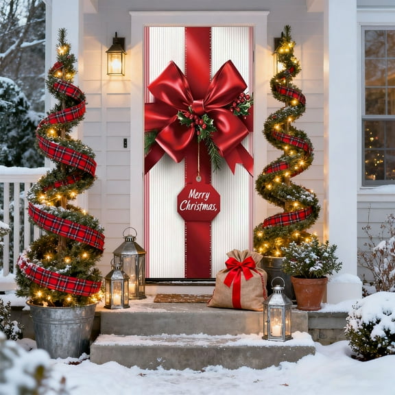 Christmas Bow Door Cover 35 x 71 Inch Indoor Outdoor Door Cover Decoration Christmas Door Decorations Gift Box Bow Banner Cover for Front Door Porch Home Xmas Decor