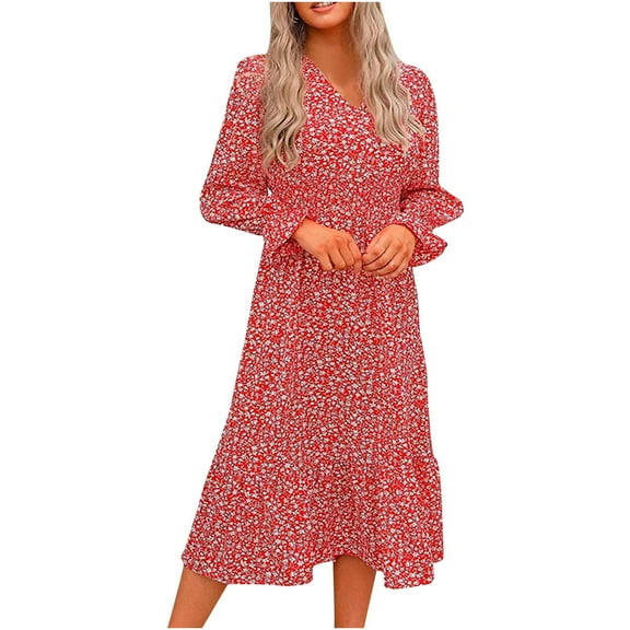 Herrnalise Women’s Dresses Summer 2024 Fashion Autumn Winter Floral Long Sleeves V-NeckRuffled Flared Sleeves Dress S-XL