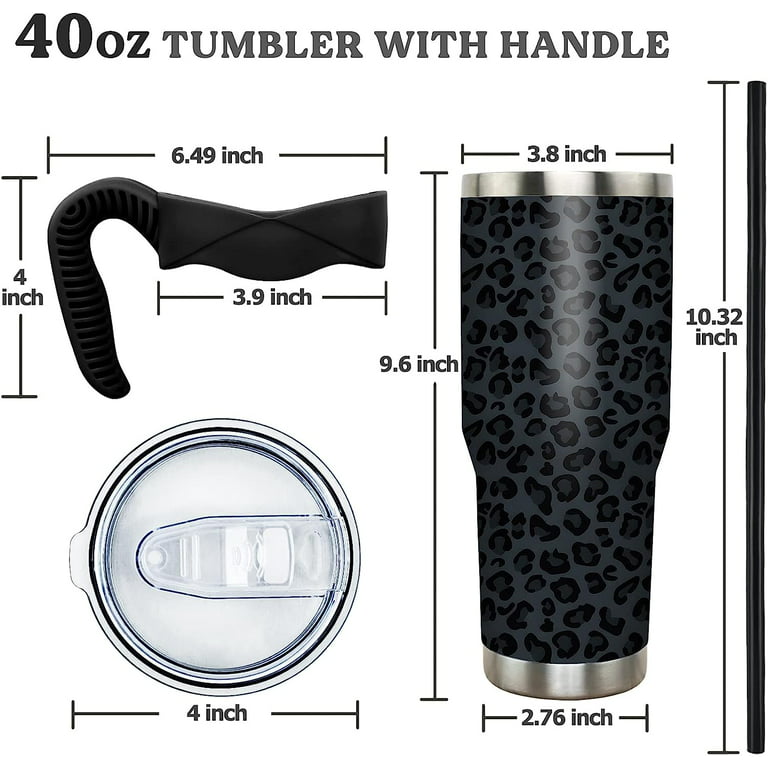 Lashicorn 40 oz. Tumbler with Handle and Straw Black Leopard Silver 10” Tall Cup Lid Included Insulated Stainless Steel Vacuum Travel Mug Boutique