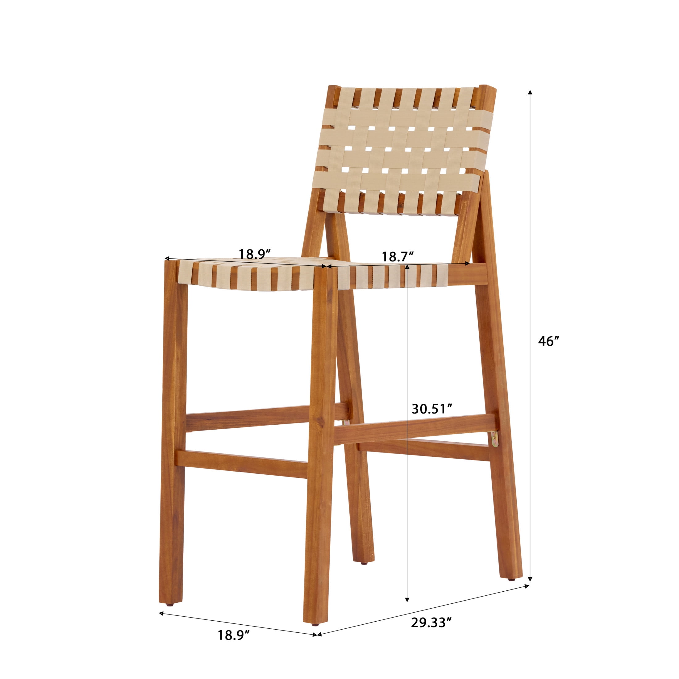 Christopher Knight Home 46"H Wooden Rope Back Outdoor Bar Height Dining Chair Set of 2, Teak+Beige