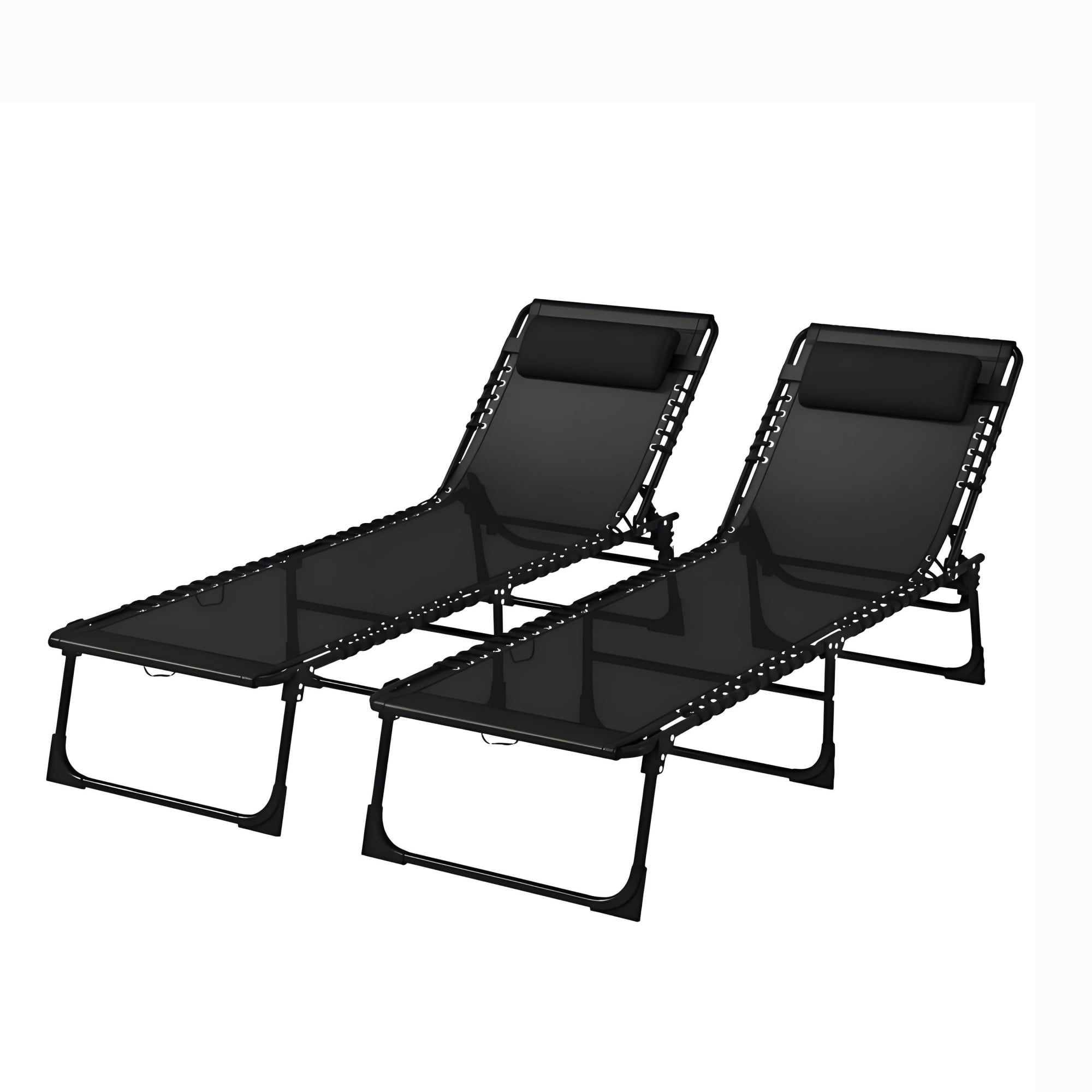 2 Folding Chaise Lounge Pool Chairs, for Poolside Tanning, Pillow, Breathable Mesh, Black