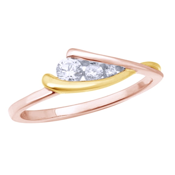 Round Cut White Natural Diamond Three Stone Slant Ring in 10k Rose Gold (0.2 Cttw)