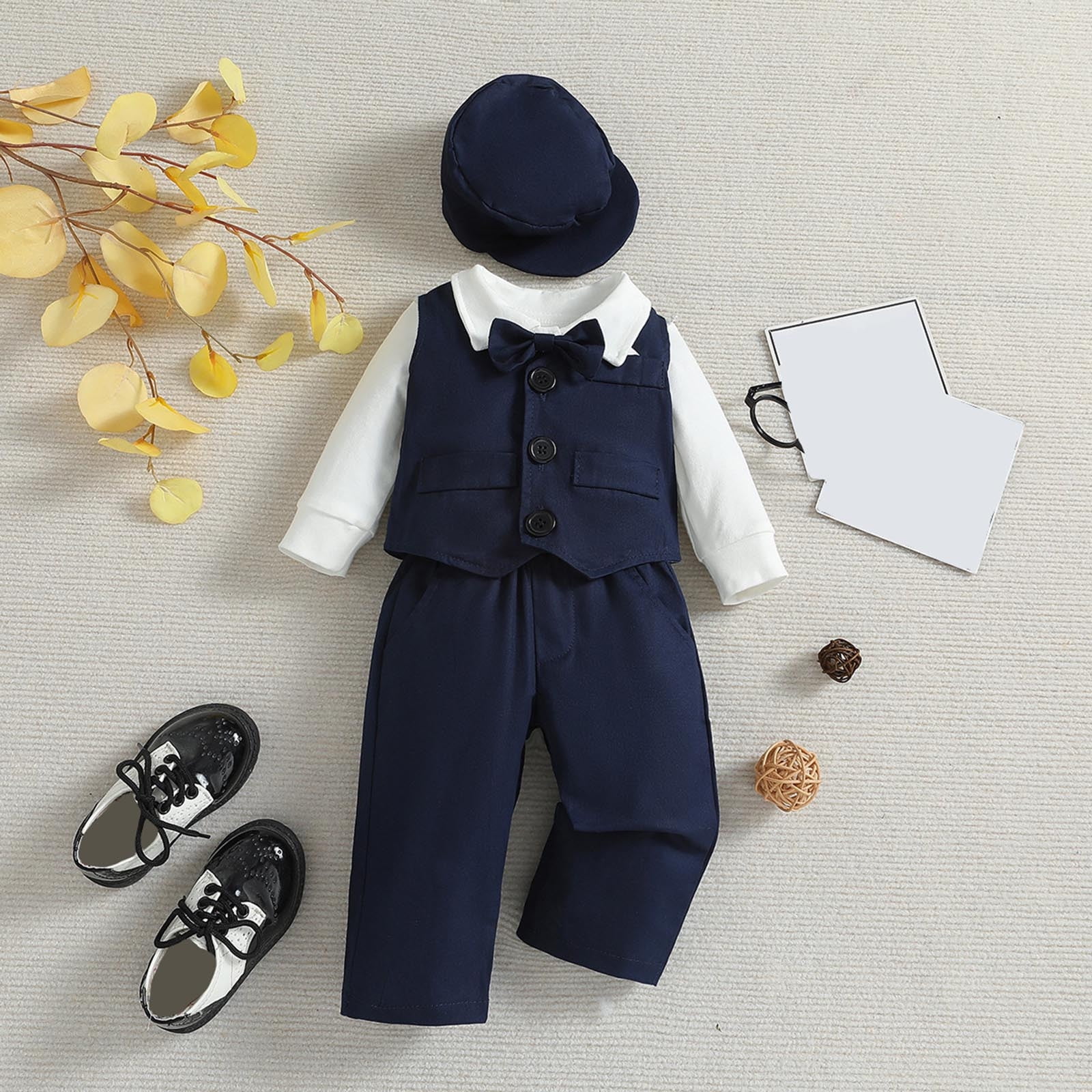 Kids Toddler Baby Boys Spring Autumn Print Long Sleeve Pants Romper Bodysuit Vest Hat Outfits 4Pc Suit Clothes Cute Comfy Stylish Set