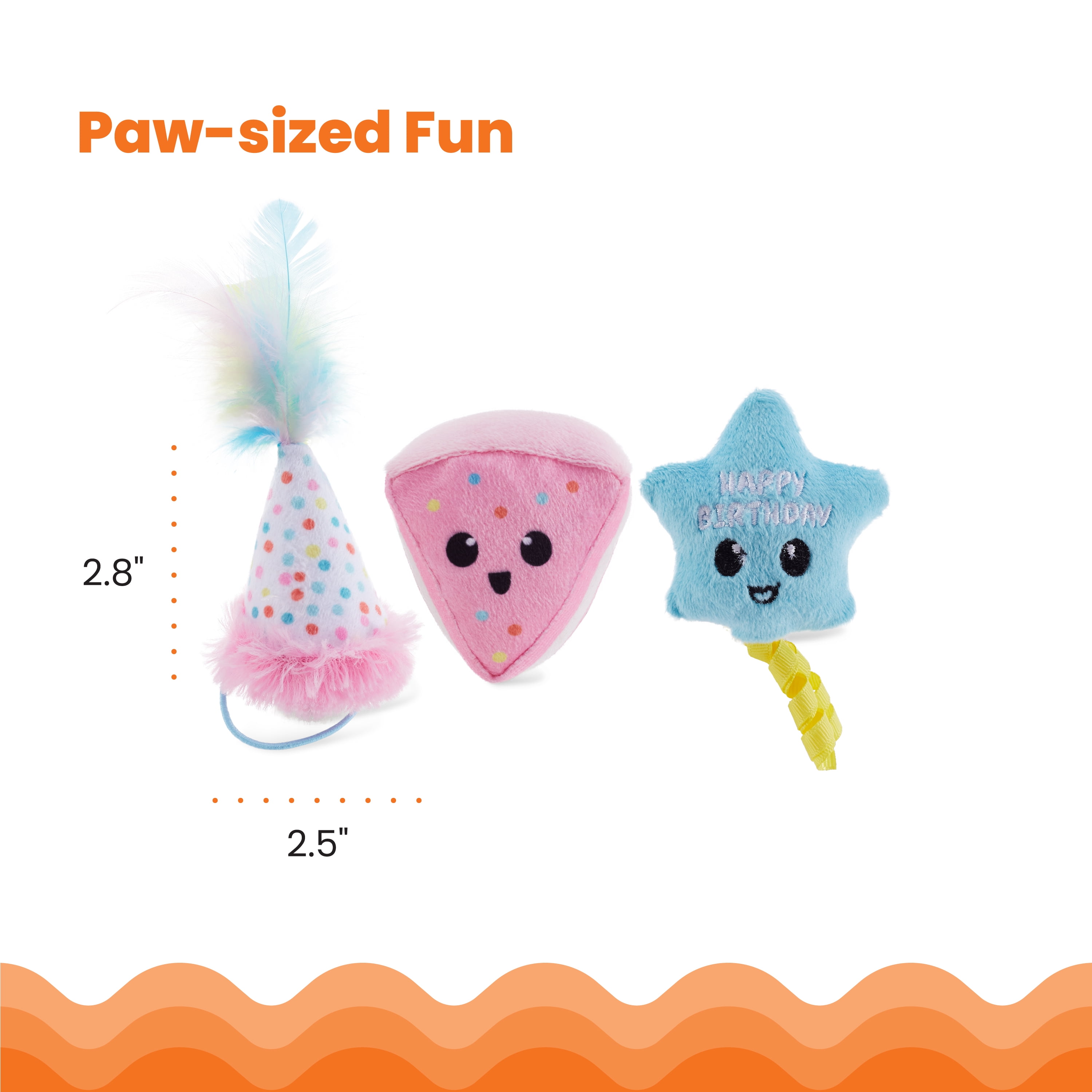 Catstages Happy Purrthday Cat Toys, 3-Pack Catnip Plush Toys with Crinkle, Feathers & Dental Mesh, Multicolored