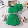 thumbnail image 2 of Okbabeha Kids Girls Ruffle Sleeve Asymmetric One Shoulder Crop Tops and Shorts Skirt Solid Color Summer Outfits Set 18M-6Y, 2 of 7