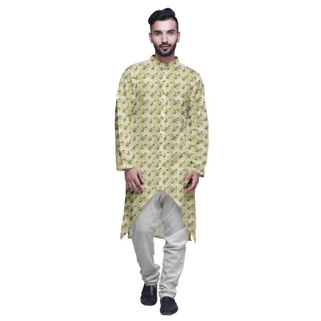 Atasi Kurta Asymétrique à Boutons pour Hommes en Coton Slub Imprimé Mode pour Hommes