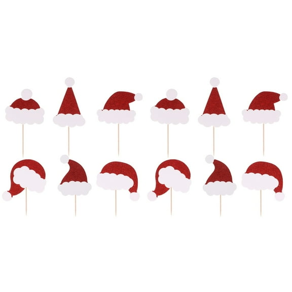BERTDOMD 48 pcs Cake Toppers Christmas Hat Shape Glitter Cupcake Decor Food Fruit Picks Party Favors (Mixed Patterns)