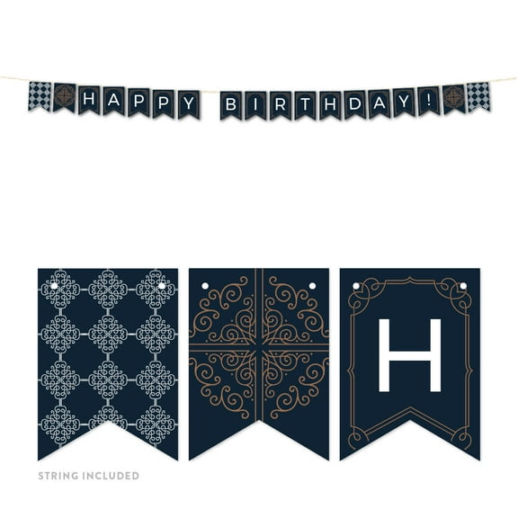 Navy Blue Art Deco Vintage Party Baby Shower, Happy Birthday!, 5-Feet Hanging Pennant Party Banner with String