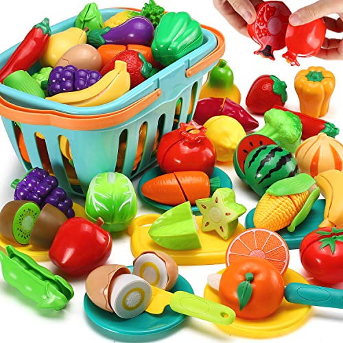 70 PCS Cutting Play Food Toy for Kids Kitchen, Pretend Fruit &Vegetables  Accessories with Shopping Storage Basket, Plastic Mini Dishes and Knife, 