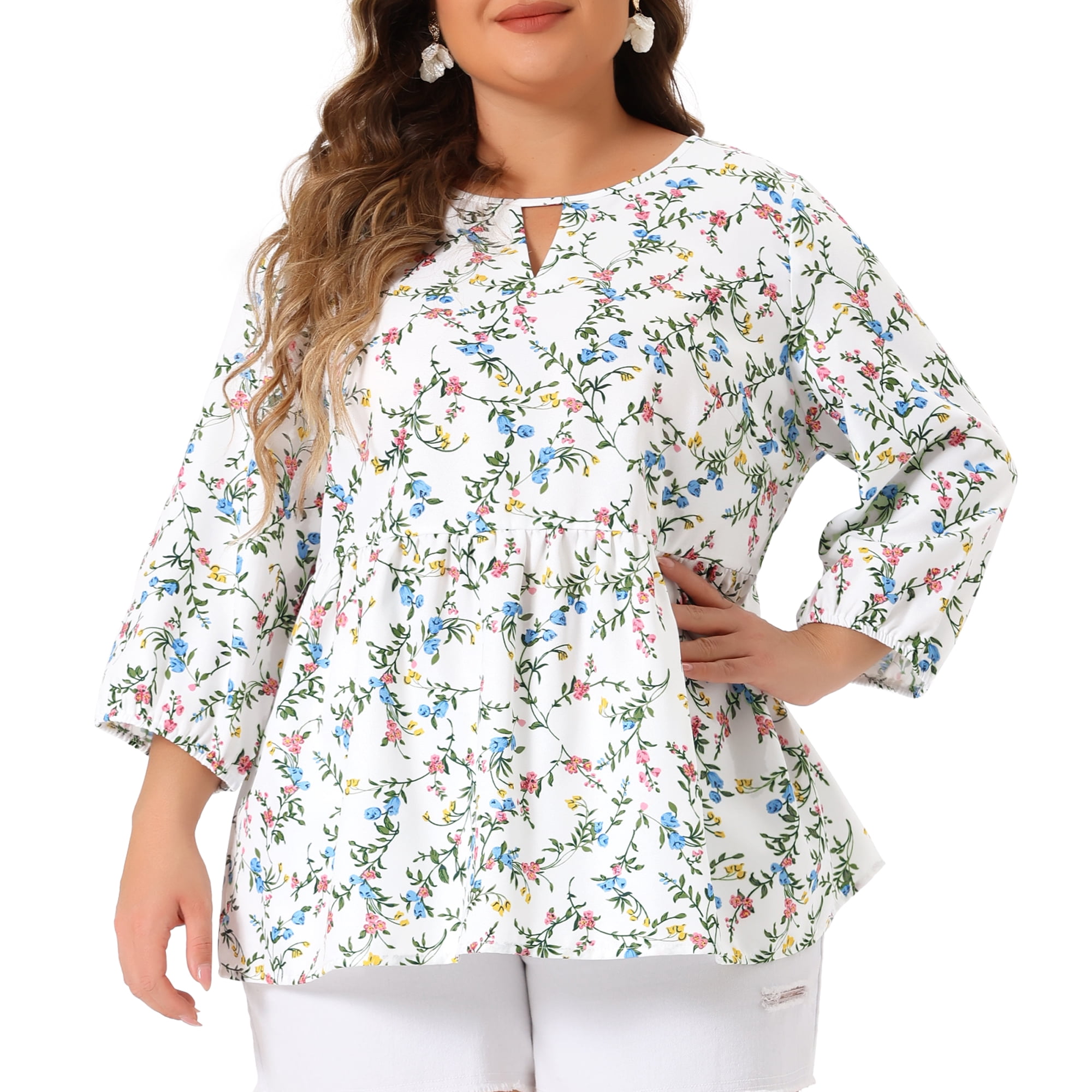 Unique Bargains Women's Plus Size 3/4 Sleeves Chiffon Keyhole Floral Tops 2X White