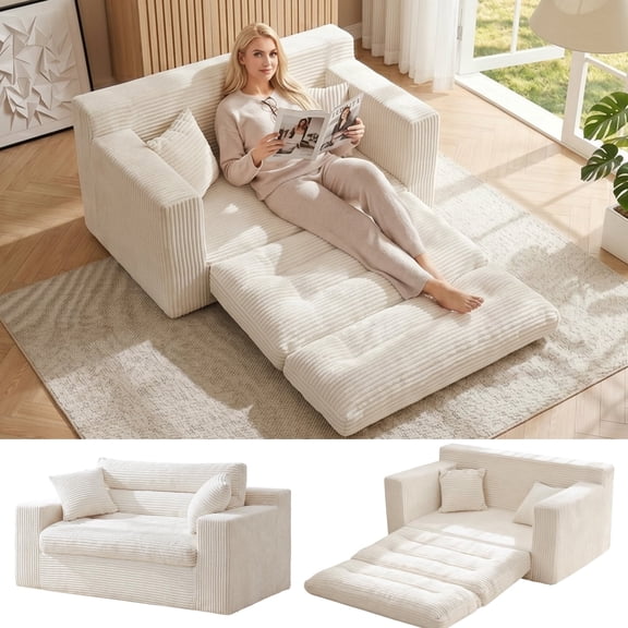 JUIKURY 2 In 1 Convertible Boneless Sofa Bed, Foldable Floor Loveseat With Pillows, No Assembly Needed For Living Room Bedroom Apartment, Beige