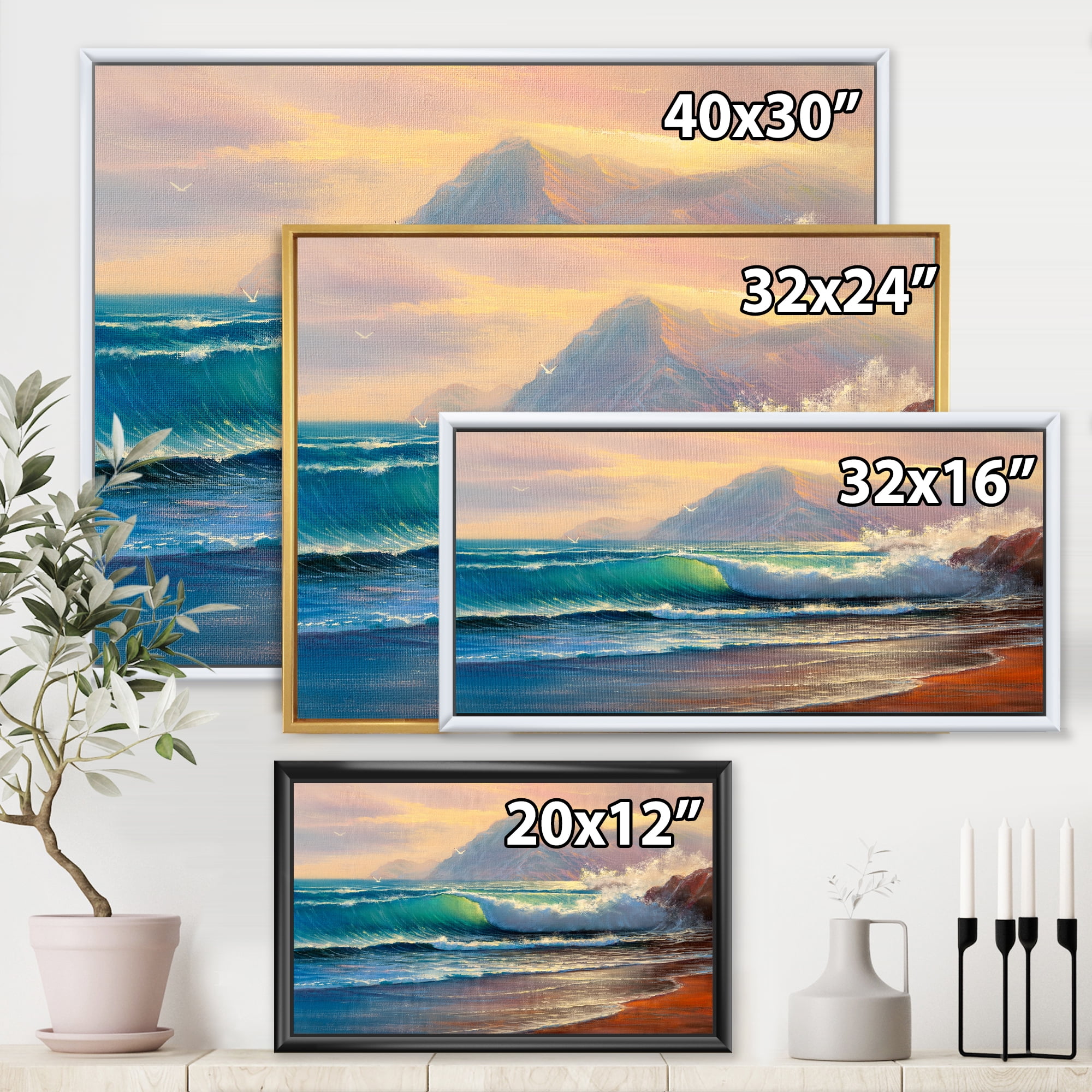 Designart 'Sunrise Glow On The Sea Waves III' Nautical & Coastal Framed Canvas Wall Art Print