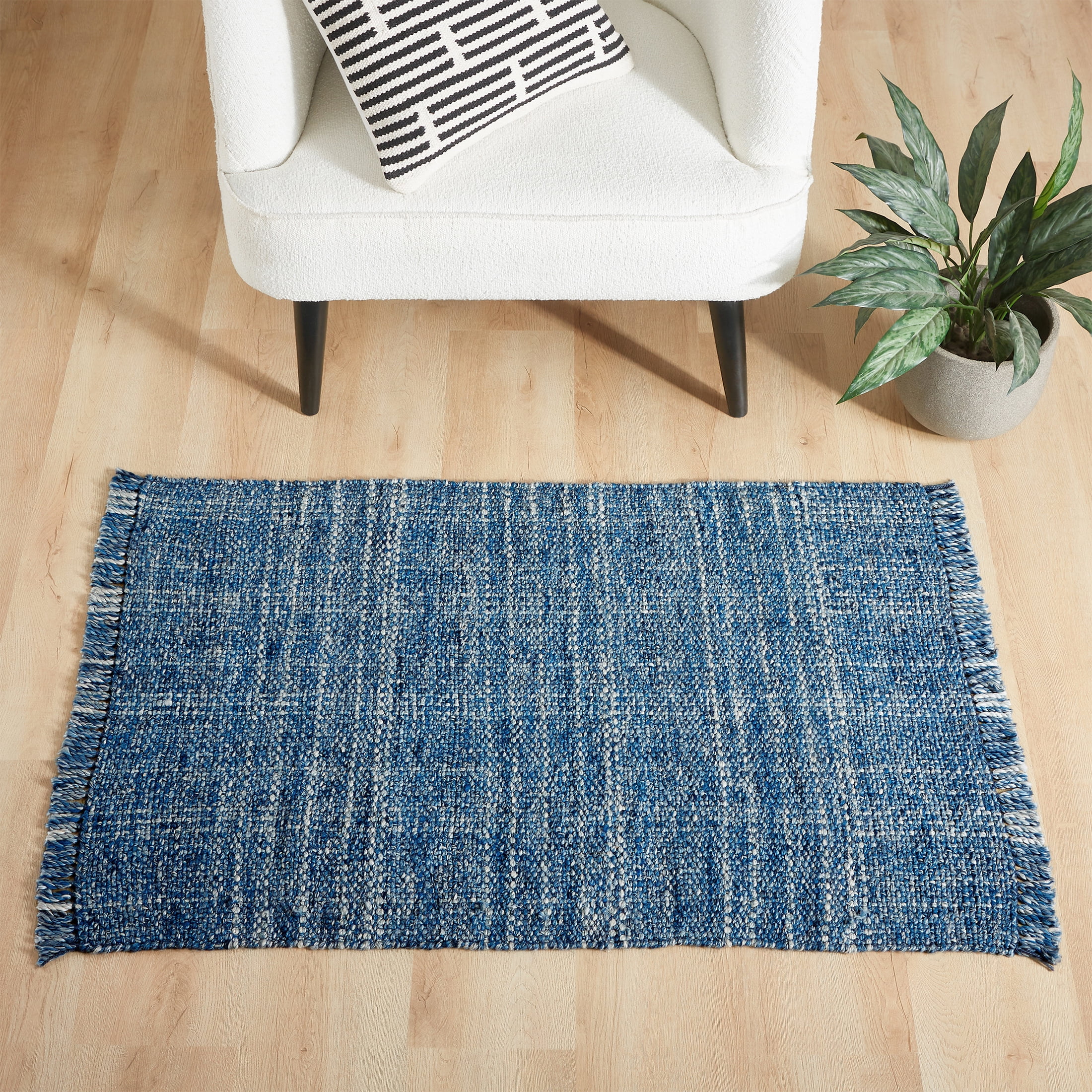Better Homes & Gardens Washed Indigo Blue Handwoven Plaid Wool Scatter Accent Indoor Rug, 30" x 46"