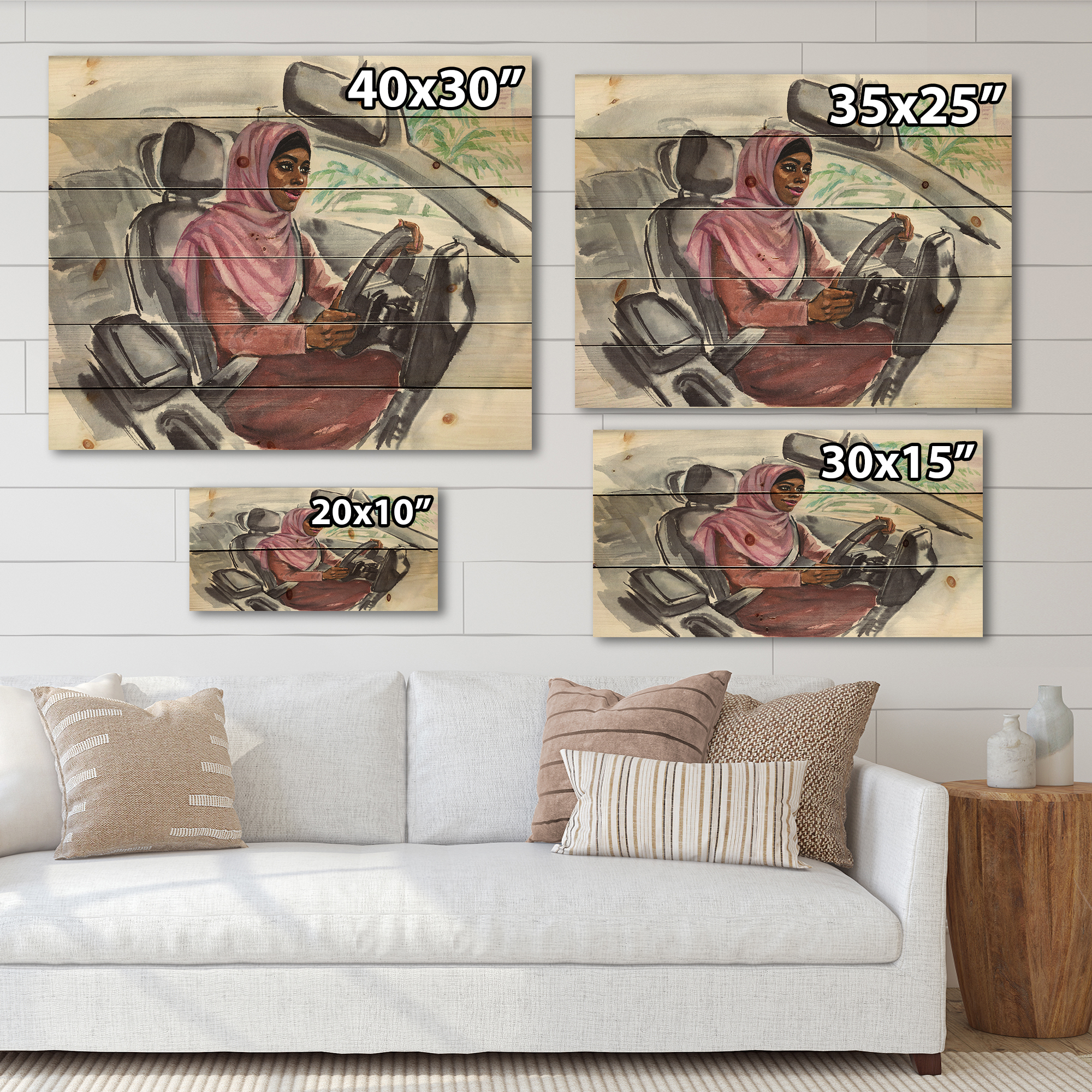 Designart 'Arabian Lady Driving A Car III' Modern Print on Natural Pine Wood