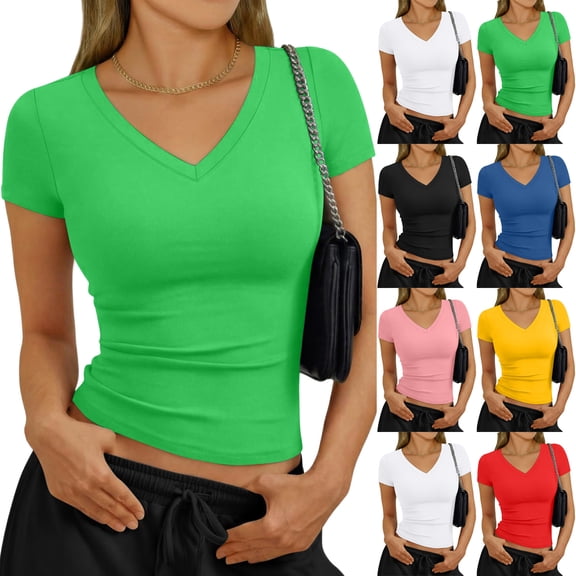 Lumtrix Women Short Sleeve V Neck Ribbed Knit Fitted Shirts Basic Tees Tops 2026 Summer Casual T-Shirts Going Out Shirts Yellow L