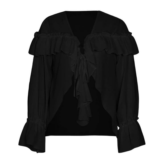 DuoJiaJ Women's French Style Blouse With Ruffle Detail Elegant Loose Neck Tie Front Casual Top For Ladies Women's Button Down Shirts Black L
