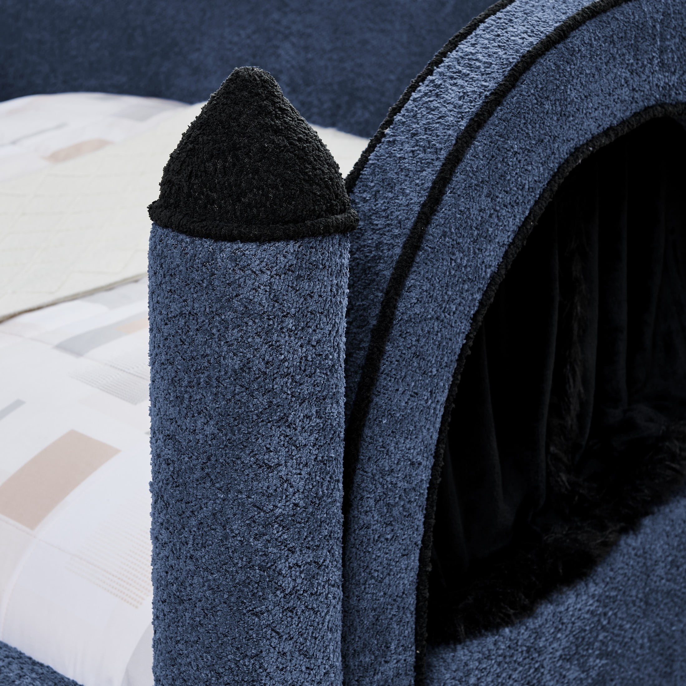 GDF Studio Solley Twin Size Castle Bed with Safety Guardrails, Curtain & Wood Frame, Boucle Upholstered Bed, Navy