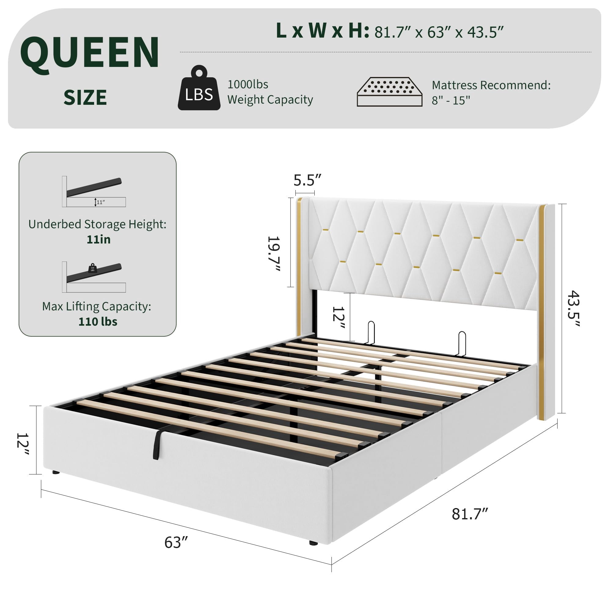 Queen Size Velvet Lift Up Storage Bed Frame, Hydrualic Underneath Storage, Upholstered Platform Bed, Wooden Slats Support, No Box Spring Needed