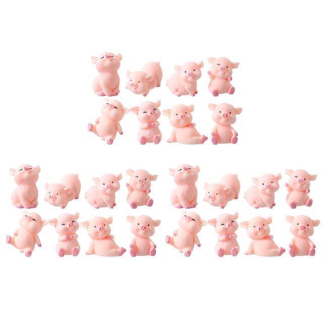 24 figuras de cerdito en miniatura, micropaisajes, estatuas de cerdito rosa de resina sintética, 3.70x2.80x2.50cm cada una; filas de pequeñas estatuillas con diferentes gestos de cerdito estilo caricatura, delicadas y compactas, aptas para decoración de micropaisajismo en jardín o interior de auto.