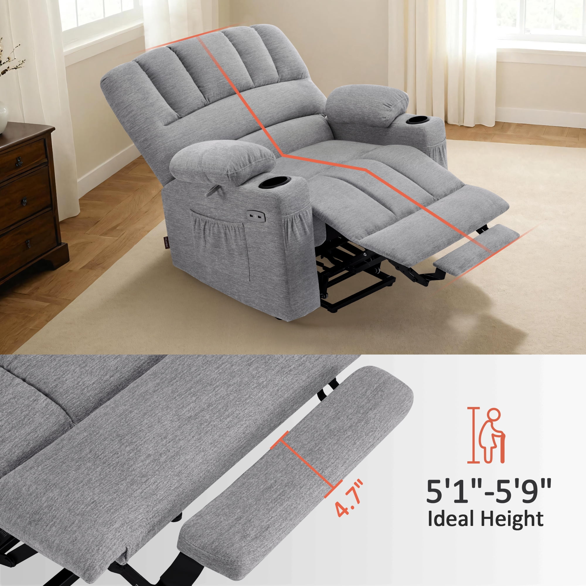 MCombo Oversized Power Lift Recliner Chair, 27.2'' Extra-Wide Seat, Fabric(Medium-Wide, Grey)
