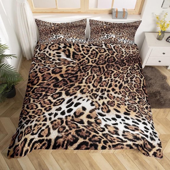 Leopard Print Duvet Cover Set Cheetah Bedding Sets King,Safari Animal Comforter Cover Jungle Theme Bedding Animal Design Quilt Cover,Luxury Cozy Breathable Brown Duvet Cover 3-Piece