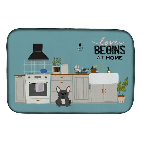 Black French Bulldog Kitchen Scene Dish Drying Mat
