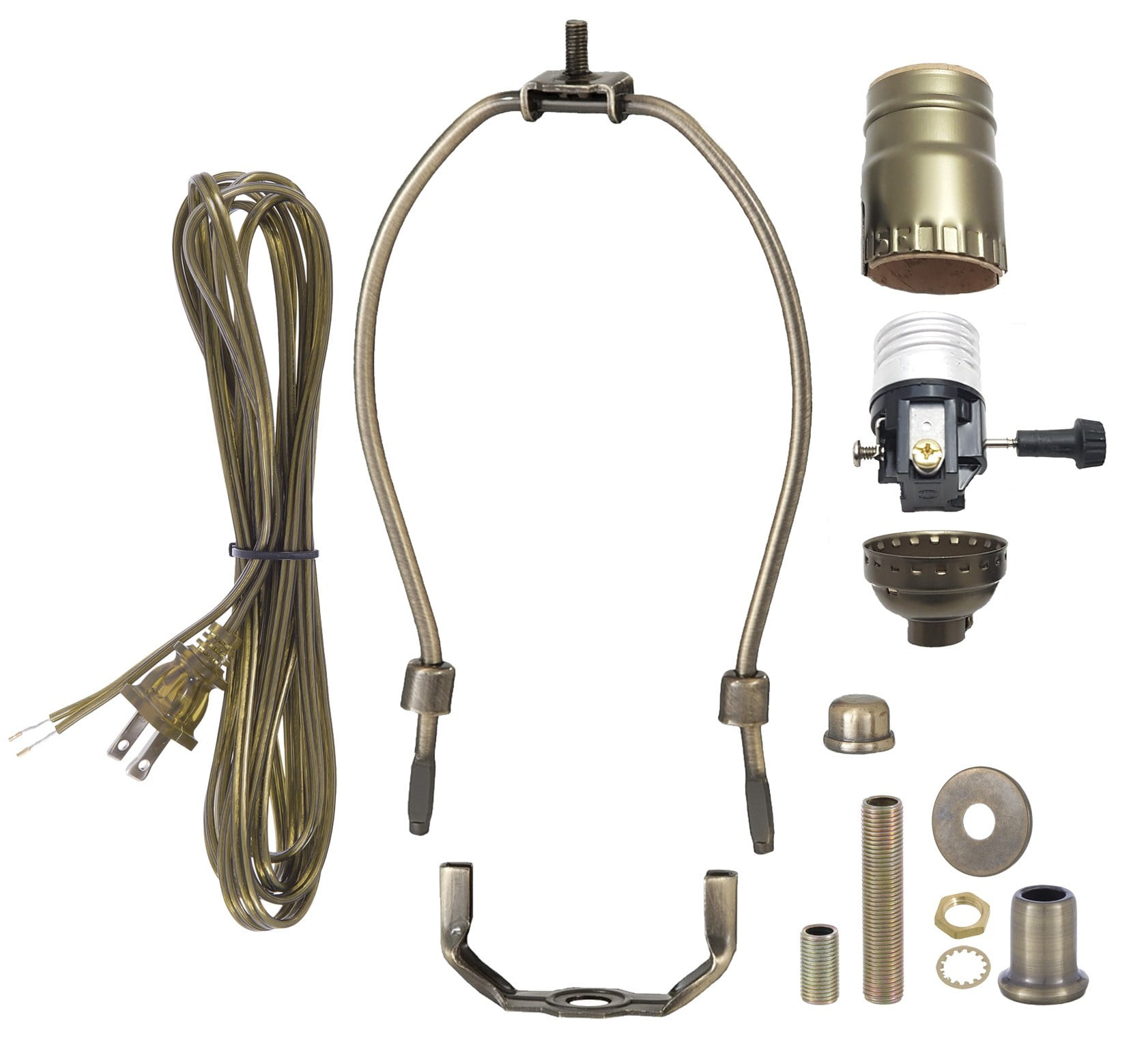B&P Lamp Antique Brass Table Lamp Wiring Kit with 3-way Socket, 8 foot cord, finial, riser, nut ...