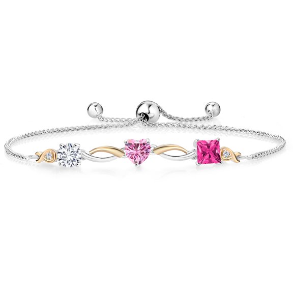 Gem Stone King 925 Silver and 10K Yellow Gold Pink Moissanite Pink Mystic Topaz and Lab Grown Diamond Tennis Bracelet for Women By Keren Hanan (2.10 cttw, Adjustable up To 9 inch)