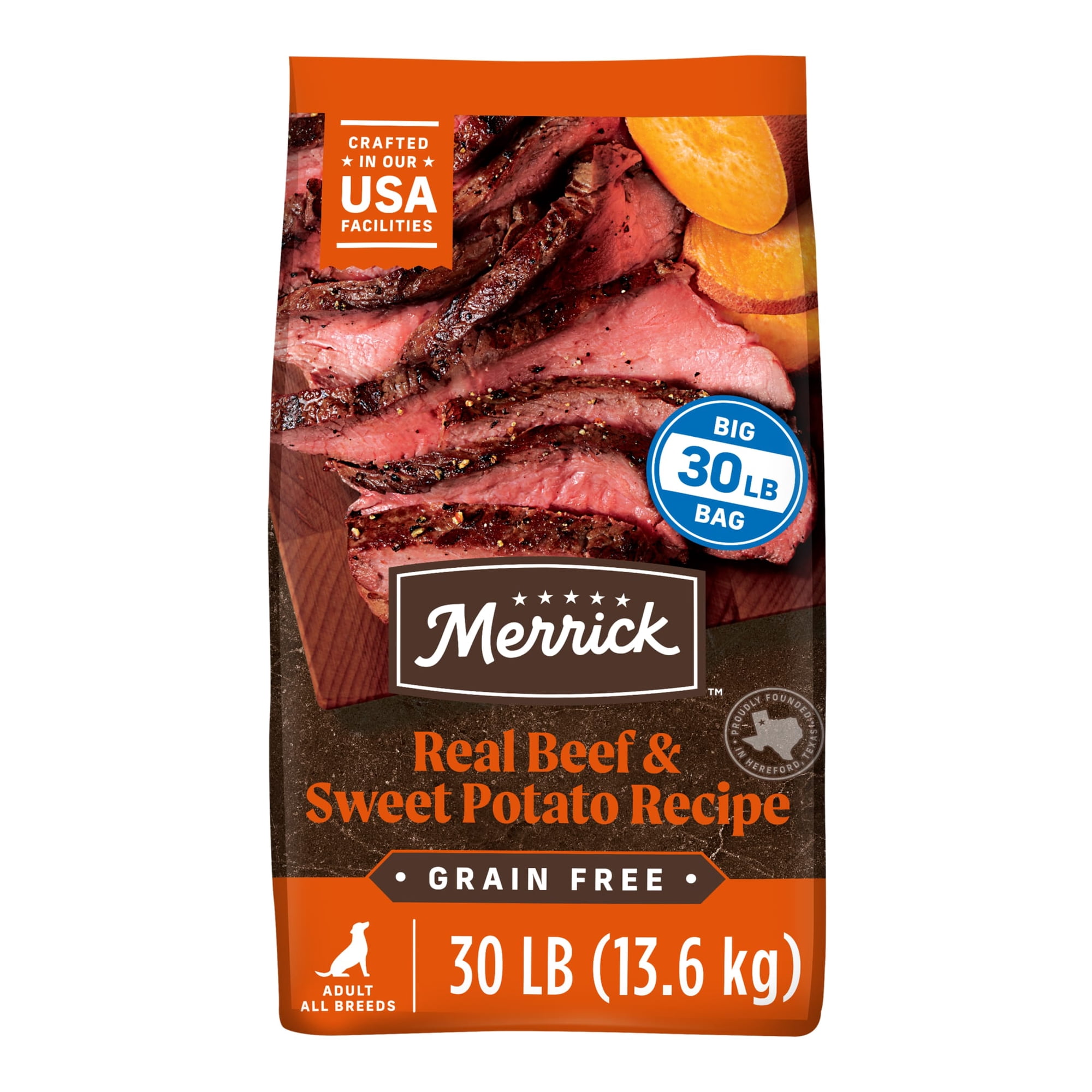 Merrick Premium Grain Free Dry Adult Dog Food, Wholesome And Natural Kibble, Real Beef And Sweet Potato, 30.0 lb. Bag