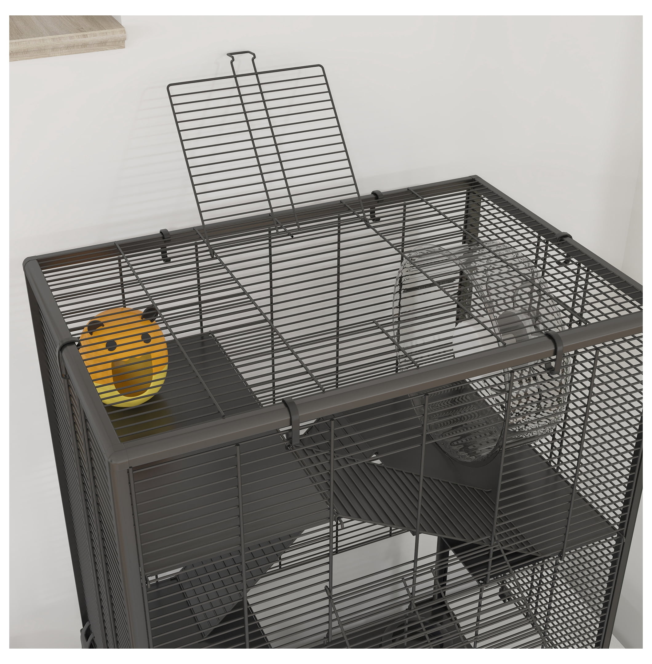 Hamster Cage 4 Tier with Tempered Glass Bottom, Running Wheel & Hut - Mice Rat Gerbil Habitat 24x16x31.5 Inch