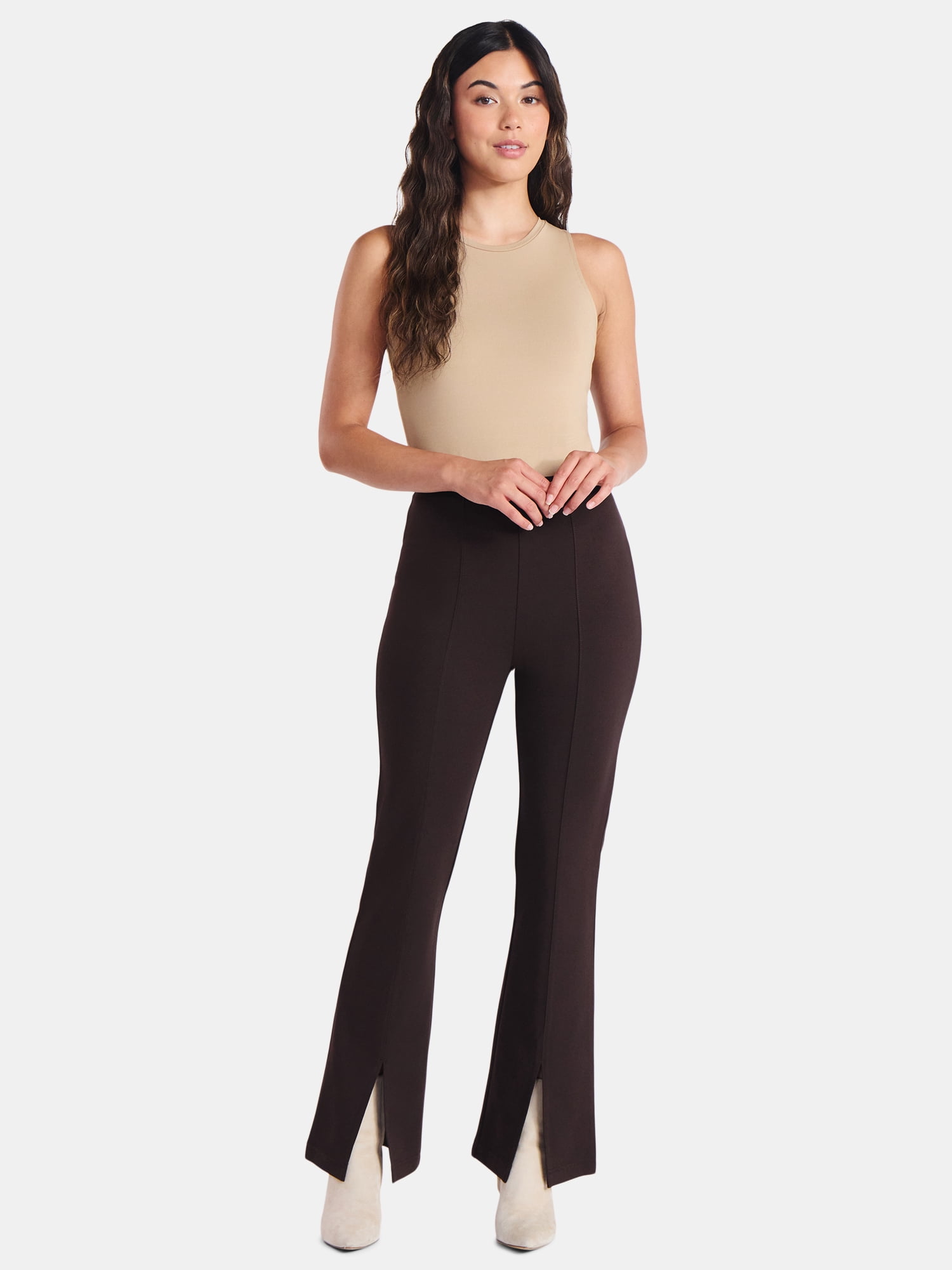 Time and Tru Women's Flare Ponte Pants with Front Slit, 30" Inseam Regular, Sizes XS-XXXL