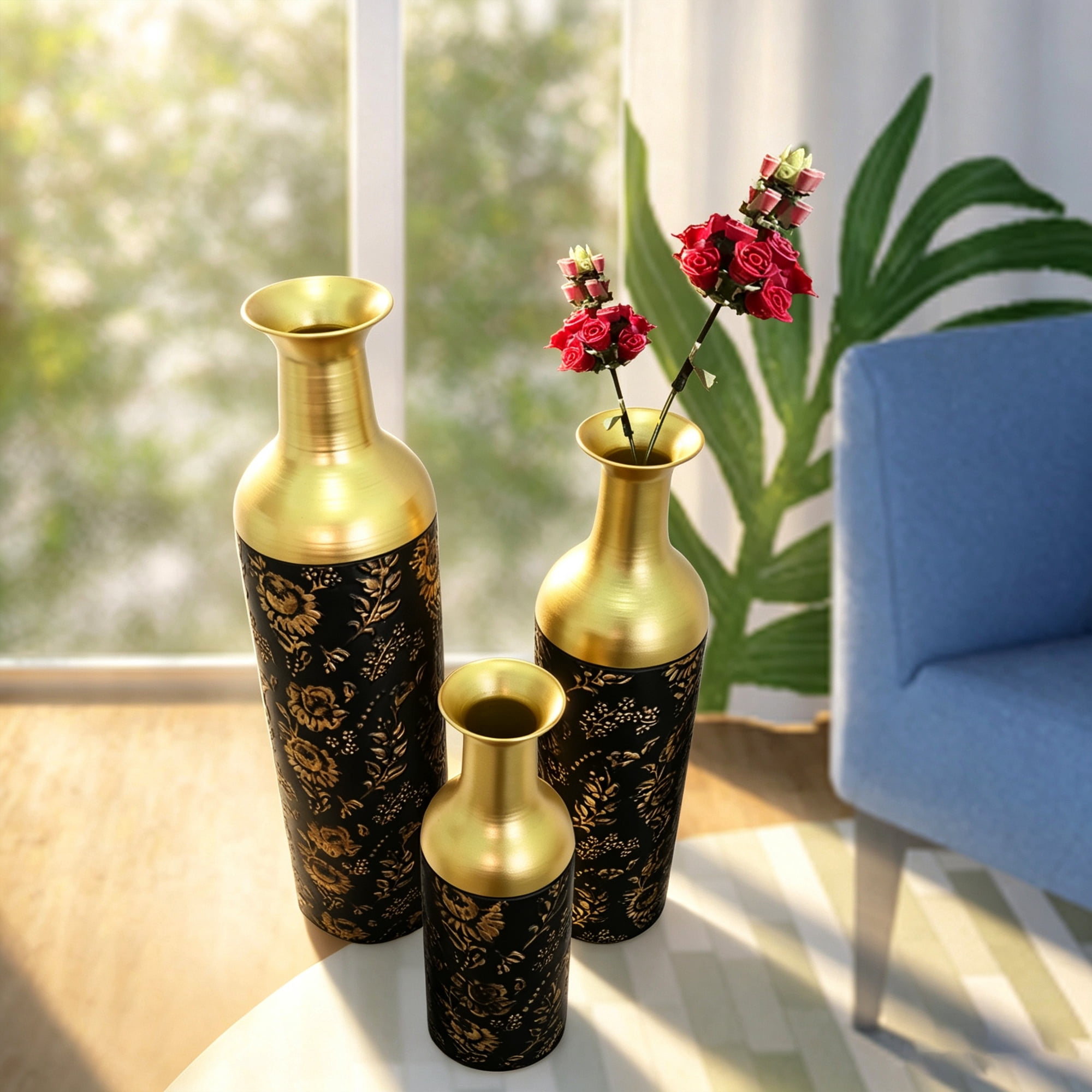 Leumius Decorative Metal Vases Set of 3, Gold Leaf Pattern Floor Vases, Black& Gold Tall Vases for Home Decor, Living Room Entryway Decor