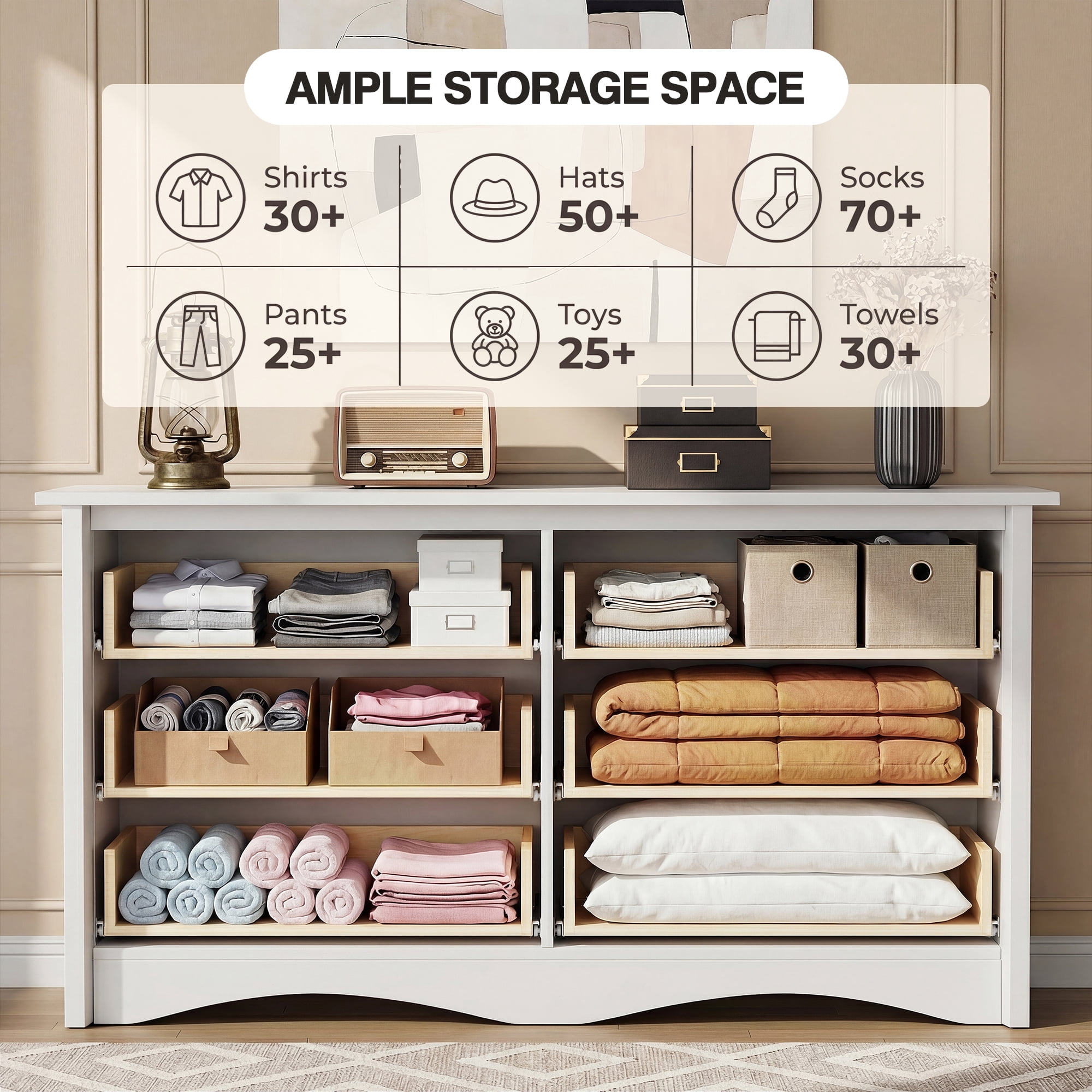 Lacoo 47'' Wide 6 Drawers Wooden Dresser for Bedroom, Modern Storage Chest of Drawers for Living Room, White