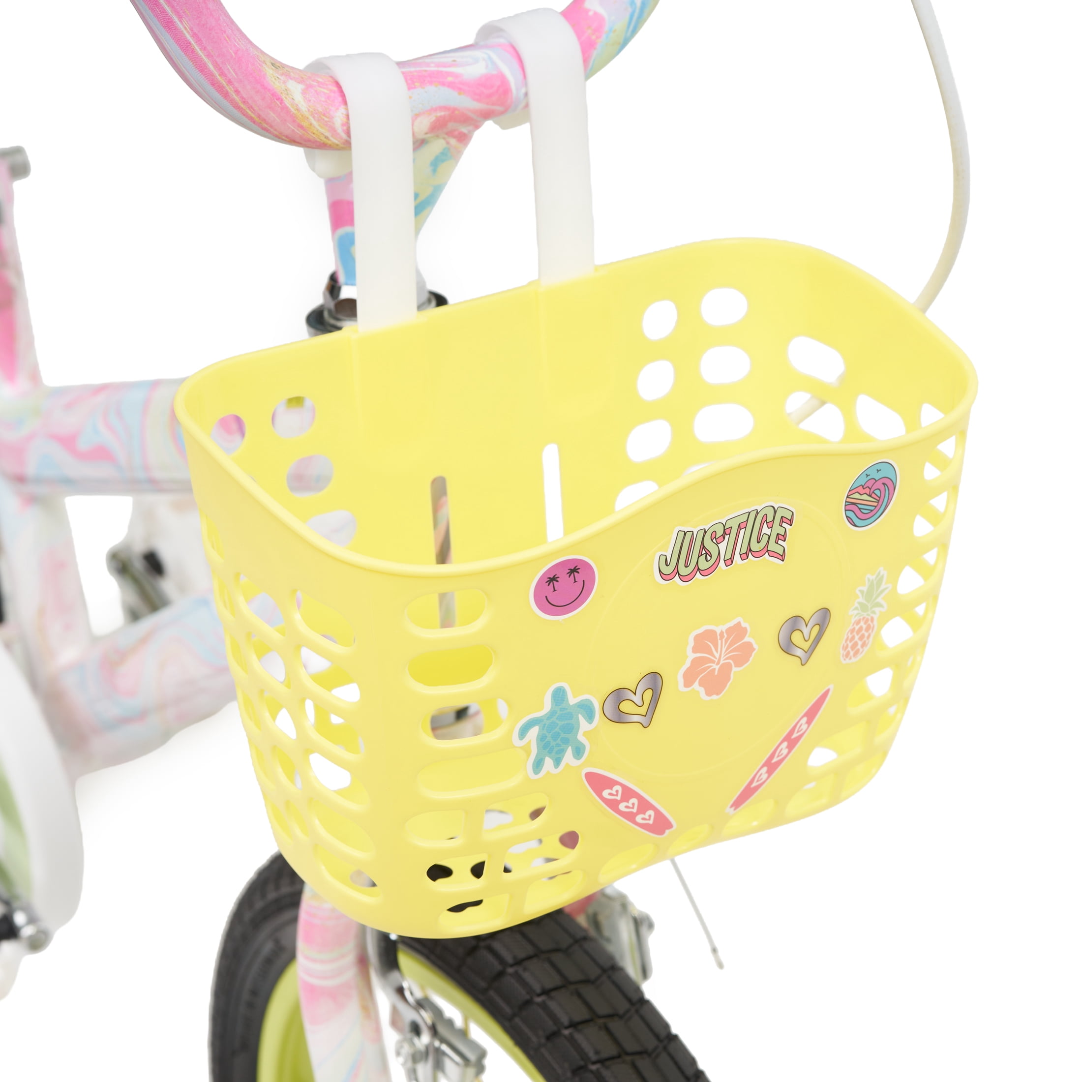 Justice Boardwalk Brights 16” Cotton Candy Swirl Bike with Basket, Charms & Optional Training Wheels