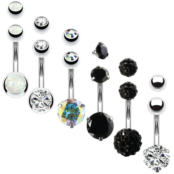 BodyJ4You 6PCS Belly Button Rings 6 Replacement Balls 14G Black Steel Aurora CZ Navel Body Jewelry