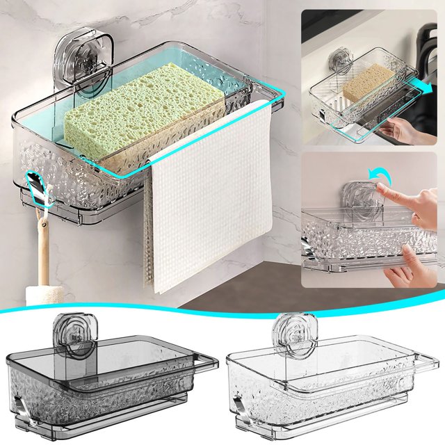 Ventosa Estante organizador de fregadero de cocina | Escurridor de pared para esponjas, lana de acero, almacenamiento de paños de cocina | Plástico ABS, sin taladro, multifuncional, orificios de