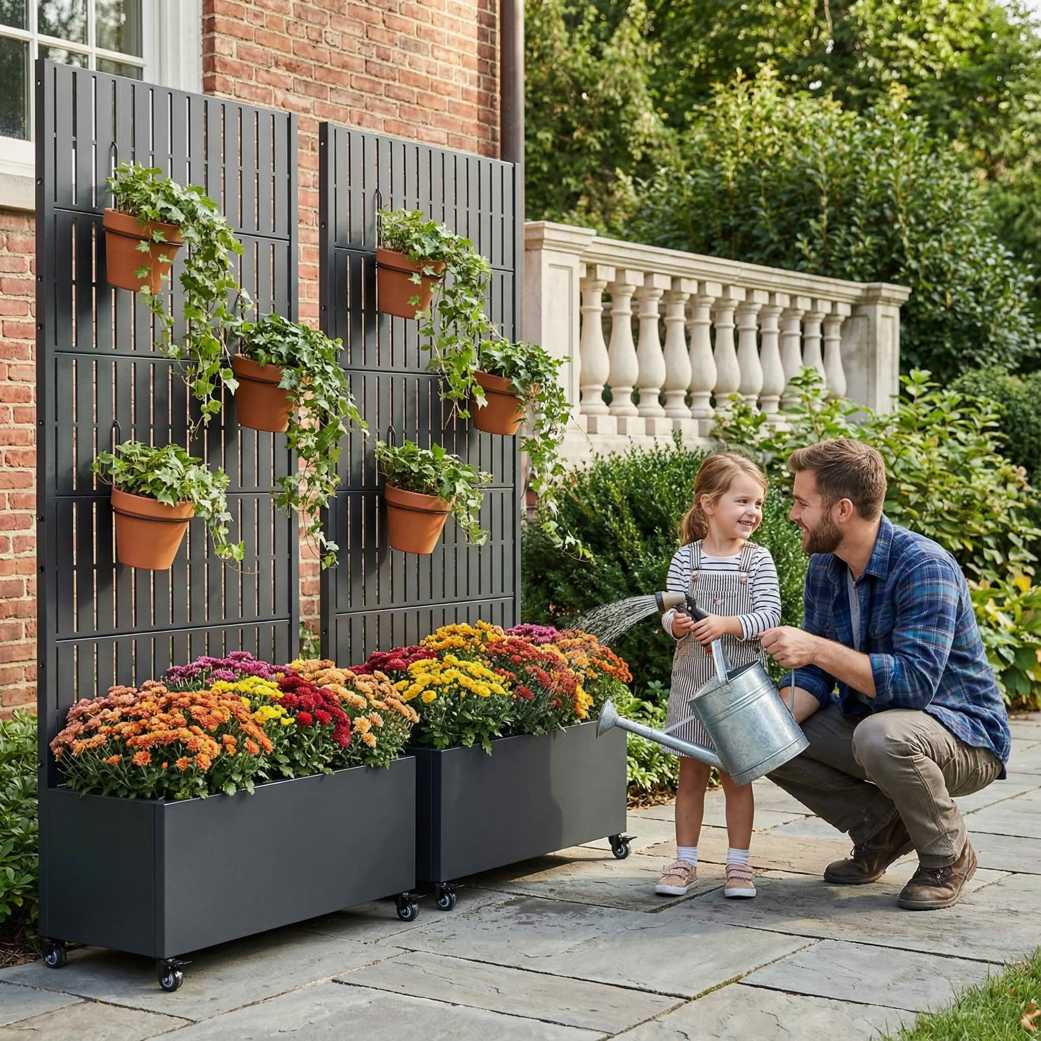 MAYEERTY 72X35" Metal Outdoor Black Privacy Screen with Planter Box for Backyard & Garden, 5 Piece Set, Double‑sided Installation