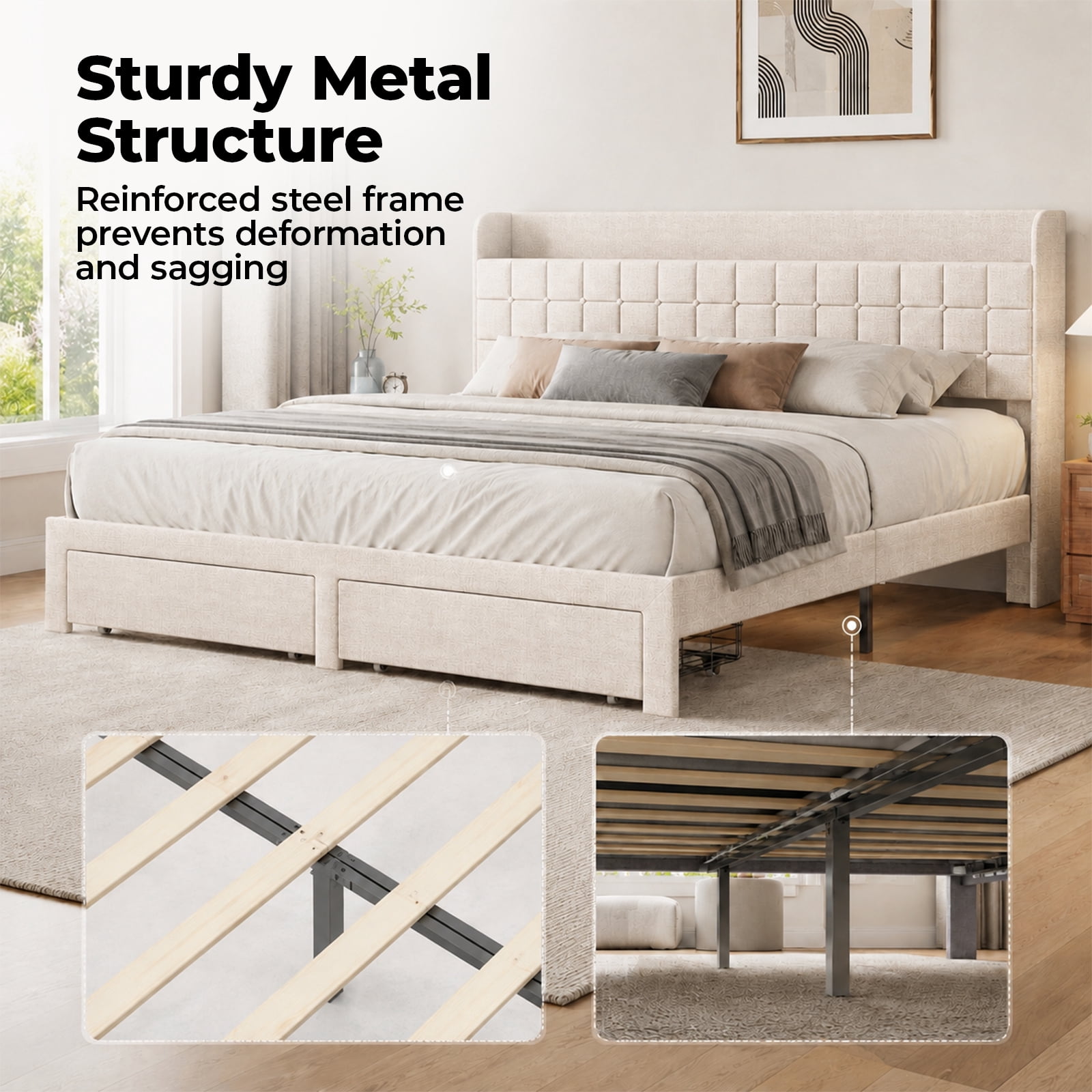 Alvantor Upholstered Bed Frame with 2 Storage Drawers and Fabric Headboard, Full Size, Heavy Duty Metal Platform, Easy Assembly