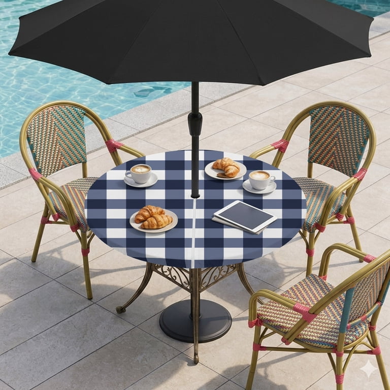 buffalo check patio umbrella Round Outdoor Tablecloth with Umbrella Hole and Zipper, Navy Blue Check  Tablecloth with Elastic Waterproof, Farmhouse Buffalo Plaid Blue Patio  Table