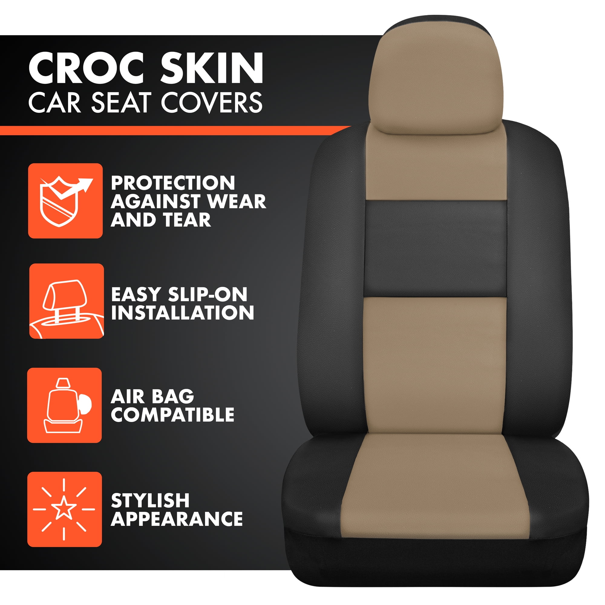 BDK Black & Beige Faux Leather Car Seat Cover Full Set - Front & Rear Split Bench Seat Covers For SUV & Truck Seat Protector, Airbag Compatible - Seat Covers for Cars & Interior Covers & Accessories