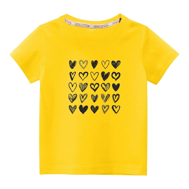 Penkiiy T-shirt en Coton pour Tout-Petits Garçons Filles Mode Mignon Col Rond Imprimé Saint-Valentin Manches Courtes 7-8 Ans Jaune